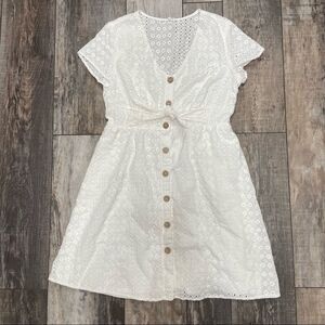 June & Hudson Midi Dress White Eyelet Boho Button Front Cap Sleeve With Ties 1